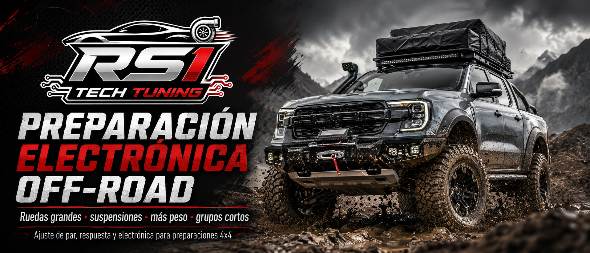 Preparación electrónica off-road para 4x4 con ruedas grandes, suspensión elevada, grupos cortos y ajuste de par