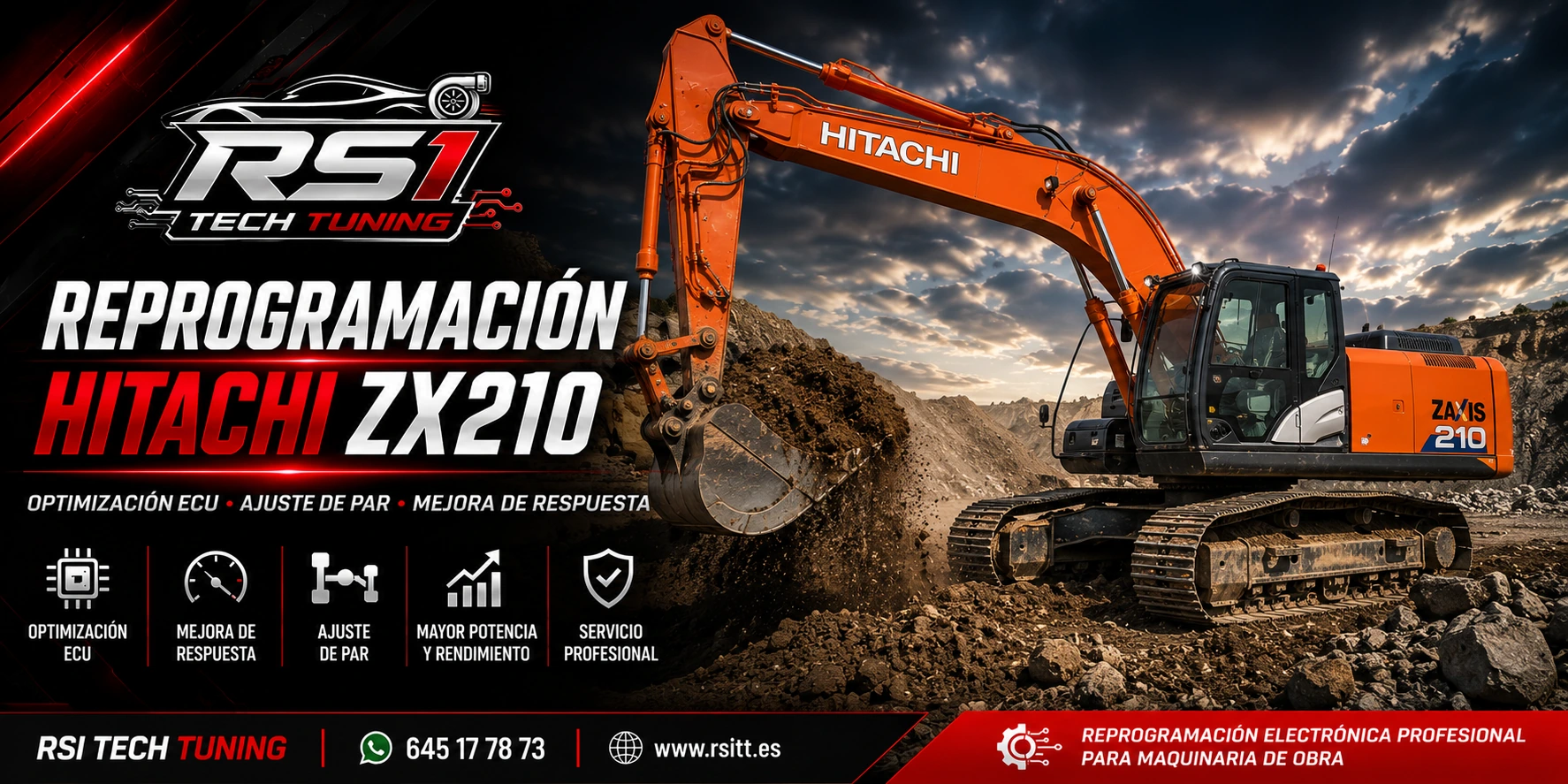 Reprogramación Hitachi ZX210 con optimización ECU y ajuste de par