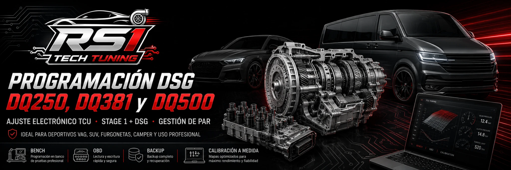 Cabecera visual del servicio de programación DSG DQ250, DQ381 y DQ500 para vehículos VAG, con ajuste electrónico TCU, gestión de par, Bench, OBD y calibración para Stage 1 + DSG.