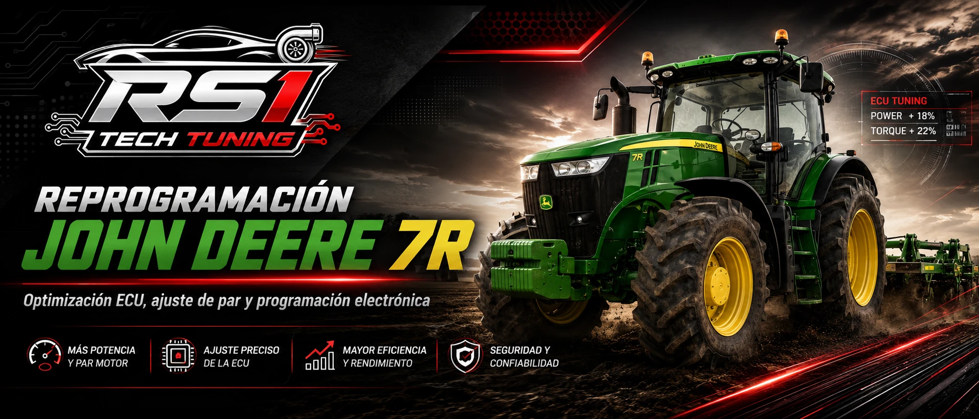 Reprogramación John Deere 7R con optimización ECU y ajuste de par