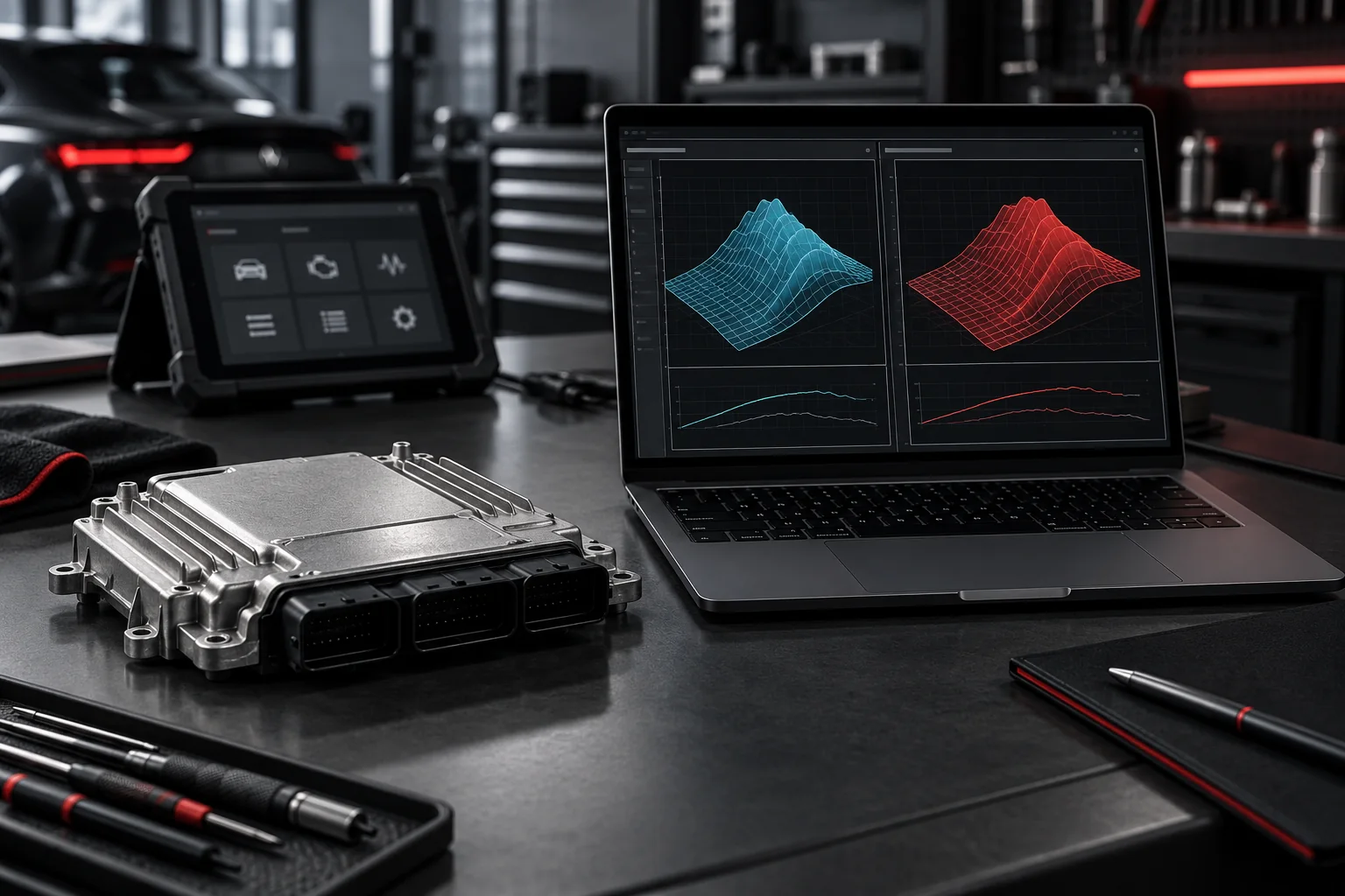 Ilustración de una centralita ECU y un ordenador con dos visualizaciones de calibración para revisión inversa del software